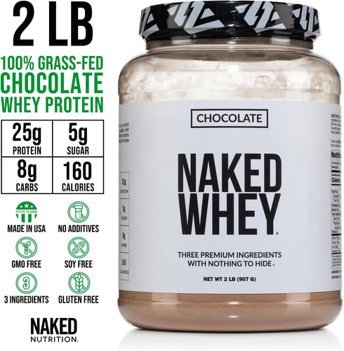 Naked Whey Chocolate Protein Powder - 3 Ingredients, Grass Fed, Organic, Gluten Free - 24 Servings