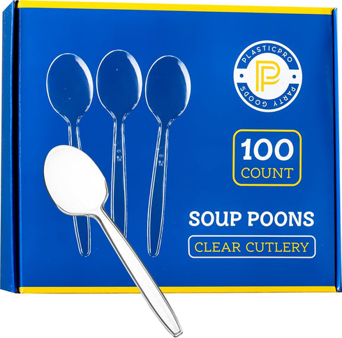 Plasticpro Disposable Clear Plastic Cutlery, Heavyweight Soup Spoons, 100 Count