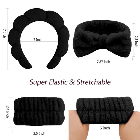 VELSCRUN 6 Pack Spa Headband, Makeup Headband, Black Sponge Hair Band Bow Tie for Washing Face