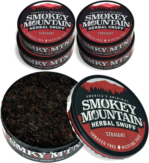 Smokey Mountain Herbal Long Cut Straight Snuff, 5 Can Box, Tobacco Free and Nicotine Free