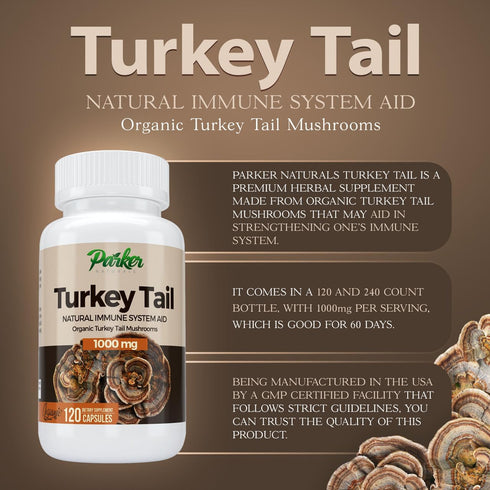 Immune 1000 120 Parker Naturals Turkey Tail Mushroom Capsules - Organic Mushroom Supplement for System Health Support