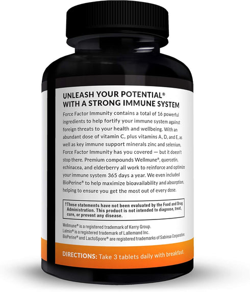 FORCE FACTOR Immunity Booster with Elderberry, 1000mg Vitamin C, Vitamin D, Zinc, Probiotics, 90 Tablets