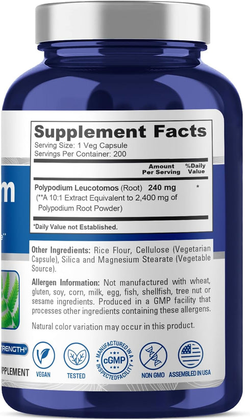 NusaPure Polypodium Leucotomos Extract 2400mg 200 Veggie Capsules (Vegetarian, Non-GMO, Vegan)