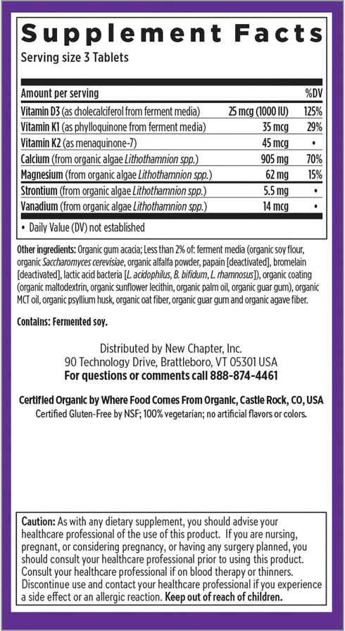 New Chapter Calcium Supplement with Magnesium, Vitamin D3+K2, 70+ Trace Minerals for Bone Health, 60 Slim Tablets