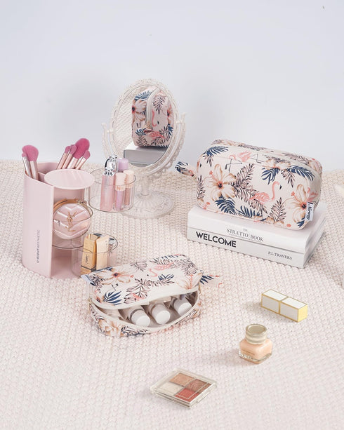 Narwey Large Makeup Bag, Travel Cosmetic Organizer Toiletry Bag for Women (Beige Flamingo, Large)