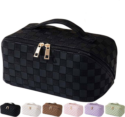 MINGRI Large Capacity Travel Cosmetic Bag for Women - Waterproof PU Leather Makeup Bag, Grid-Black