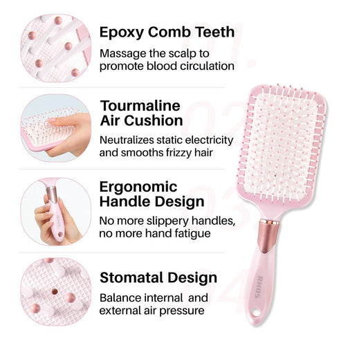 RHOS Paddle Brush for Women & Men, Detangler for Thick Curly Hair, Square Cushion Brush, 1 Pack - Pink