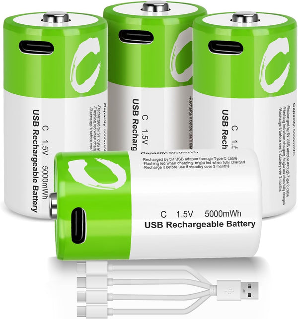 seyyen Lithium Rechargeable C Batteries 4 Pack,5000mWh High Capacity 1.5V Li-ion C Batteries