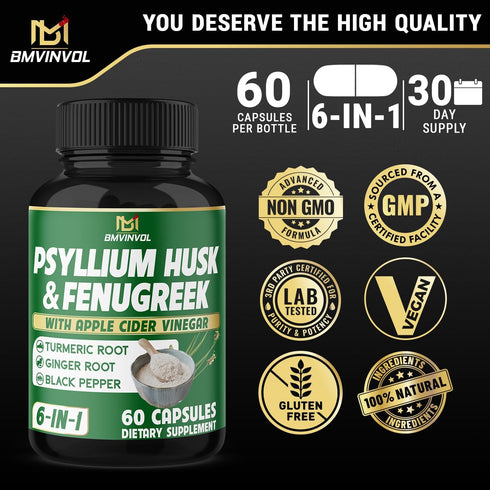 BMVINVOL Psyllium Husk Fiber Supplement with Fenugreek, Apple Cider Vinegar, Turmeric, Ginger, Black Pepper - 60