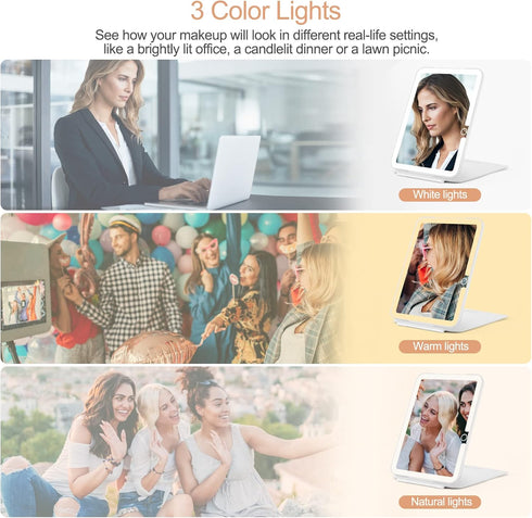 Rechargeable Travel Makeup Mirror with Lights, Portable Lighted Vanity Mirror, 10X Magnification, 70 LEDs, Touch