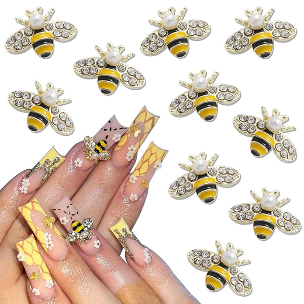 RODAKY 10Pcs Gold Bee Nail Art Charms, 3D Gold Alloy Jewelry Charm for DIY Nail Design Supplies for Women