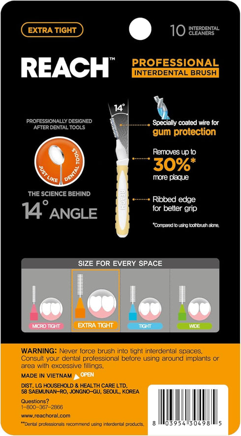 Reach Interdental Brush Cleaners, Extra Tight, 10 Count, Sensitive Gum Protection, Plaque Remover for Adults & Kids