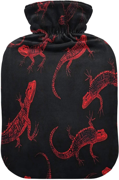 miaozhen 2L Black and Red Halloween Evil Geckoes Cute hot Water Bottle with Soft Cover hot Compress Bag for Arthritis