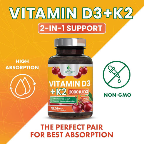 Vitamin D3 K2 as MK-7 - 2000iu of D3 & 75mcg K2, Bone Strength Supplements Support Calcium Absorption for Teeth & Bone