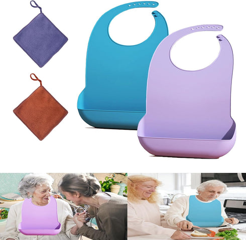 HADEWEITE 2 pieces adult bib Large silicone adult bibs with crumb catcher, adjustable
