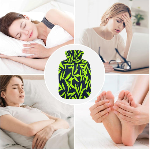 miaozhen 2L Neon Green Leaf Dark Blue hot Water Bottle with Soft Cover Warm Water Bottle for Bed for Menstrual Cramps