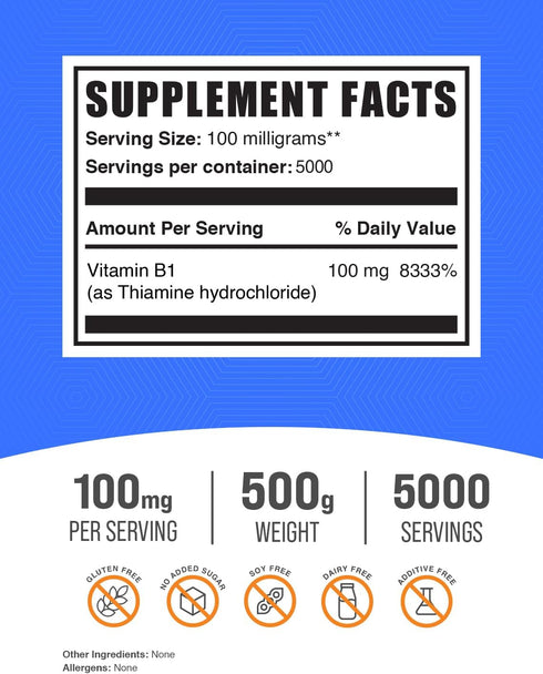 BulkSupplements.com Thiamine HCl Powder, 100mg per Serving, Gluten Free, 500g (1.1 lbs)
