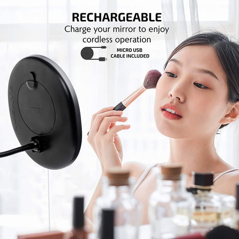 OVENTE 9'' Rechargeable Lighted Wall Mount Makeup Mirror, 1X Magnifying with 10X Mini Magnetic, Dimmable (Black)