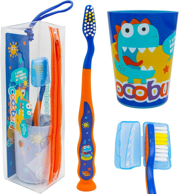 Dinosaurs 4-Piece Toothbrush Set for Kids, Travel Set with Toothbrush, Cap, Cup, and Carry Bag