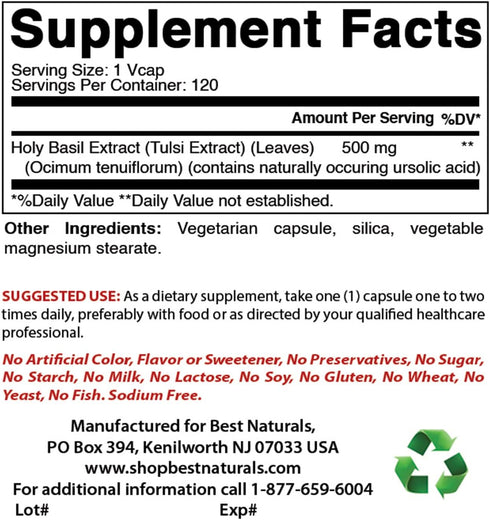 Best Naturals Holy Basil Stress Management, 500 mg, 120 Veggie Capsules