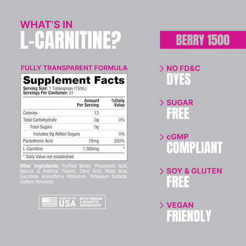 PROSUPPS L-Carnitine 1500 Stimulant Free Liquid Shots for Men and Women - Energizer Workout Drink, 31 Servings, Berry