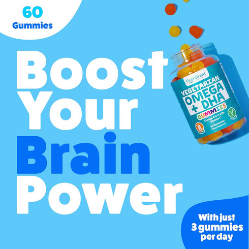Feel Great Omega & DHA Gummies for Adults, Plant-Based Omega 3 Fish Oil Alternative, Vegetarian, Supports Brain &