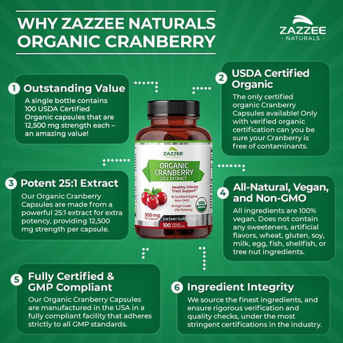 Zazzee USDA Organic Cranberry 25:1 Extract, 12,500 mg Strength, 100 Vegan Capsules, Certified Organic, Non-GMO