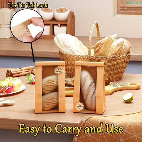 XingyLi 60 60 (14.1x9.7x3.5 Inch, Pcs Large Bread Bags for Homemade, Kraft Paper Sourdough Bread Bag with Clear Window