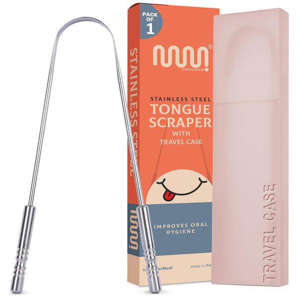 MasterMedi Tongue Scraper with Case, Easy to Use for Adults, Tongue Cleaner for Oral Care & Hygiene (Single Pack)
