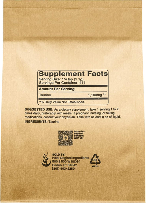 PURE ORIGINAL INGREDIENTS Taurine Powder (1 lb) Dietary Supplement, Always Pure, No Additives