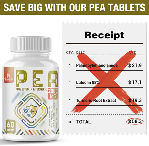 1500 MG Palmitoylethanolamide with Luteolin 98% & Turmeric, High Absorption Micronized Pea Supplement, 60 Tablets, USA