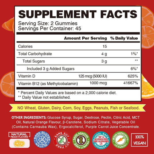 Vegan Vitamin B12 Gummies with Vitamin D - 90 Count, 1000 MCG Methyl B12 & D3, Supports Bone Health & Daily Energy