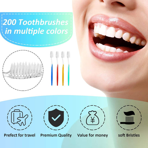 Disposable Toothbrushes, Individually Wrapped, Medium Soft Bristle, Travel Toothbrush Set, 4 Colors, 200 Pieces