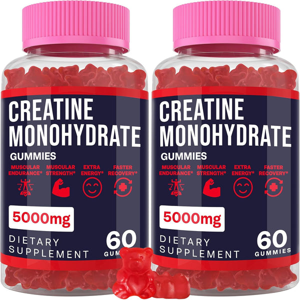 Creatine Monohydrate Gummies for Men & Women, Chewable Supplement for Strength and Endurance - 2 Pack