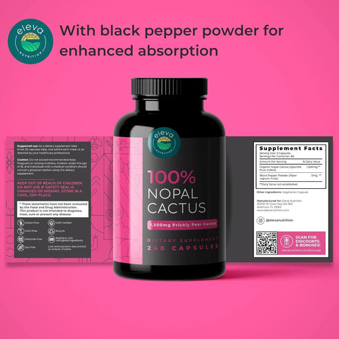Nopal Cactus Capsules 1500mg, 240 Capsules, Organic Sun-Dried Prickly Pear Cactus Powder for Absorption