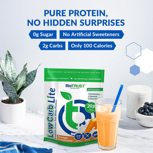 BioTrust Low Carb Lite, 20g Grass-Fed Whey Protein Isolate, 100 Calories, 14 Servings, Orange Cream Flavor