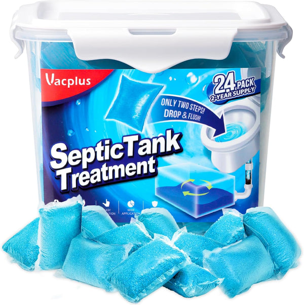 Vacplus Septic Tank Treatment, 24 Packs for 2-Year Supply, Bucket-Packed Septic Tank Treatment Packets, Dissolvable &