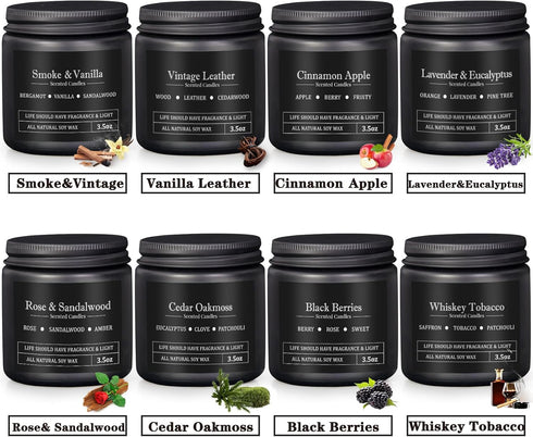 Men's Aromatherapy Gift Set - 8 Scented Candles with Manly Scents (Leather, Smoke, Oak) in Black Candle Jars, Perfect