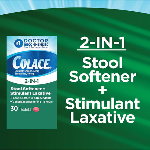 Colace 2-In-1 Stool Softener & Stimulant Laxative Tablets, 30 Count for Gentle Constipation Relief