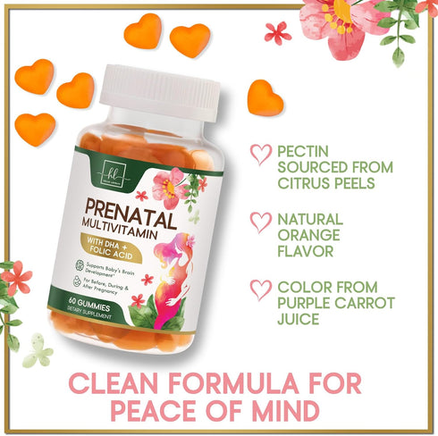 Prenatal Vitamins for Women - DHA & Folic Acid Multivitamin Gummies for Brain Development, 60 Gummies