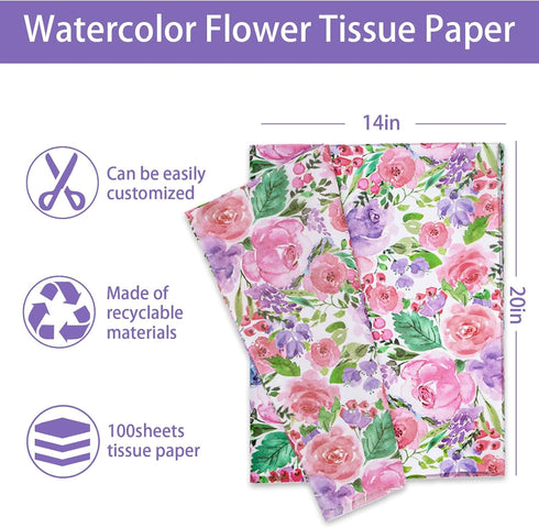 Whaline 100Pcs Floral Tissue Paper Watercolor Flower Gift Wrapping Paper Blossom Packaging Paper DIY Art Craft Paper for Home Wedding Baby Shower Birthday Party Gift Wrap, 14 x 20 Inch by Whaline