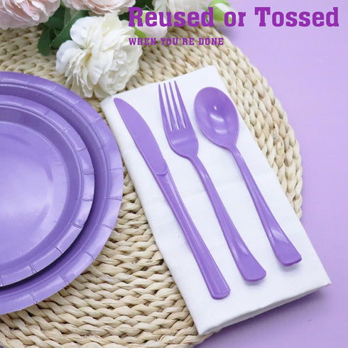 150 Piece Purple Plastic Silverware Set, Includes 50 Forks, 50 Spoons, and 50 Knives for Party Decorations