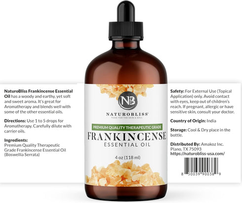 NaturoBliss 100% Pure Frankincense Essential Oil, Therapeutic Grade Premium Quality (4 fl. oz) with Glass Dropper