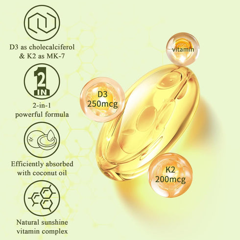 2-in-1 Vitamin D3 K2 Supplement Softgel - 10000 IU D3 and 200 mcg K2 MK7, Supports Immune, Heart, Joint, Teeth & Bone