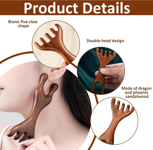 hinbkenla 2 Pcs Jaw Massager,Sandalwood Massage Claws,Five Touch Therapy Comb,Wooden Comb,Taichi Tools,Manual Head