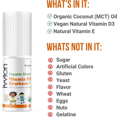 ivvion 400IU, D3, 120 Organic Vegan Vitamin Drops Baby Drop for Infants & Toddlers | USDA Organic, Non-GMO