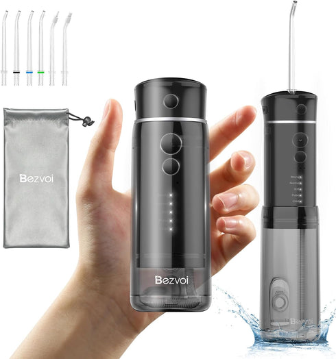 Mini Cordless Water Flosser: 5 Modes Dental Floss with Telescopic Tank, 6 Tips, IPX7 Waterproof (Black)