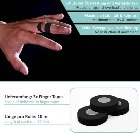 Finger Tape Sports - Extra Strong Adhesive, 3 Rolls of Skin-Friendly Athletic Tape for Weight Lifting, Climbing,
