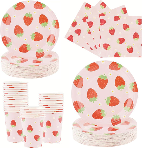 Strawberry Party Tableware Set - 200PCS Birthday Supplies Disposable Paper Plates Dinnerware for 50 Guests