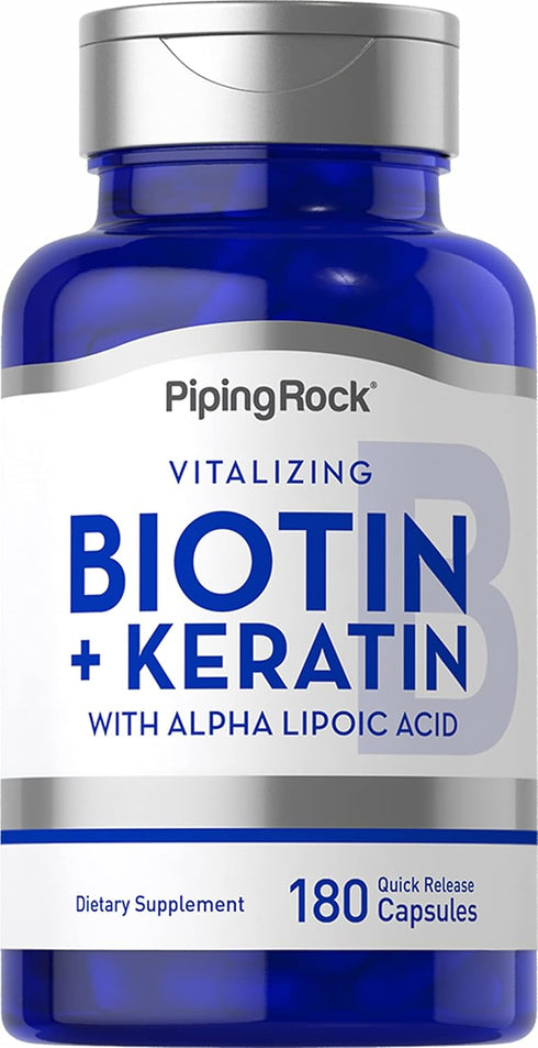 Piping Rock Biotin 5000mcg, 180 Capsules, Plus Keratin and Alpha Lipoic Acid, Non-GMO, Gluten Free